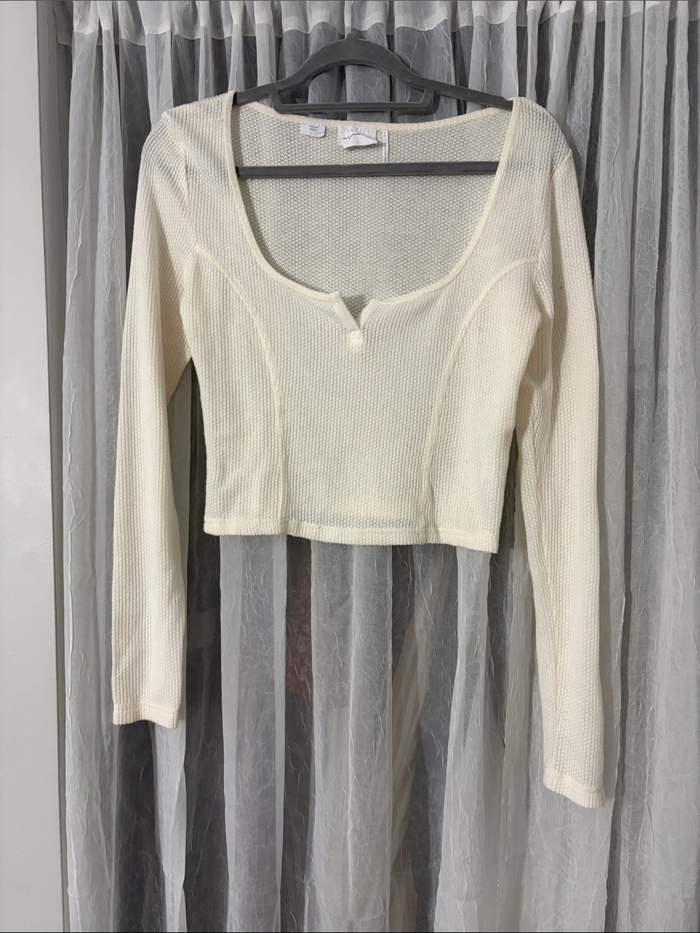 Urban Outfitters Cream Ribbed Scoop-Neck Cropped Long Sleeve Top